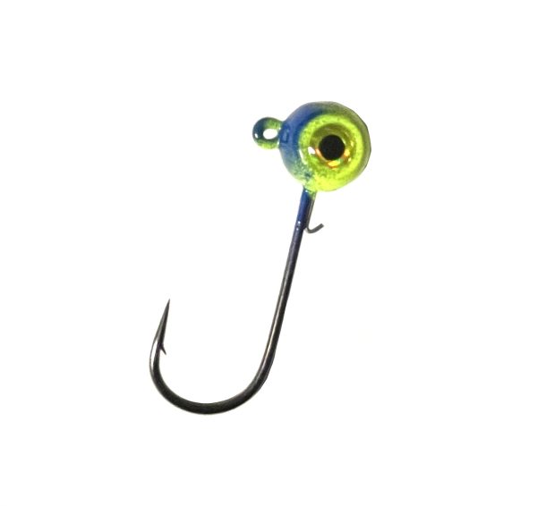 Horker blue dusted chartreuse painted freestyle jig head with gold eye