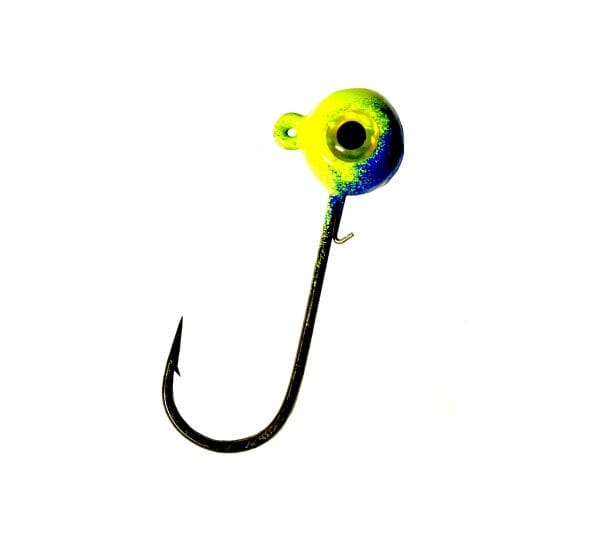 Horker chartreuse dusted blue painted freestyle jig head with gold eye