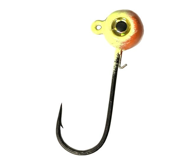 Horker chartreuse dusted orange painted freestyle jig head with gold eye